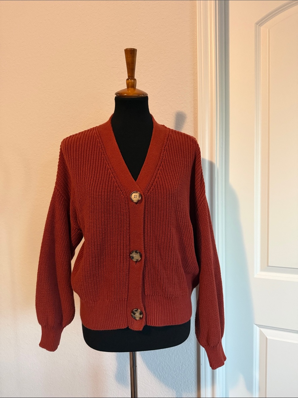 LOFT Rust Red V-Neck Button Front Cardigan